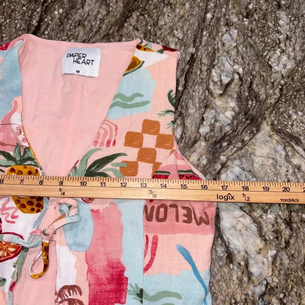 Tropical Summer Linen Blend Tie Front Vest Womens M Pink Paper Heart
